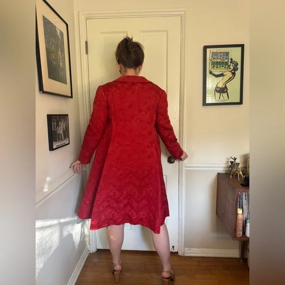 60s Vintage Malcolm Starr Red Satin Swing Coat - Picture 3 of 13
